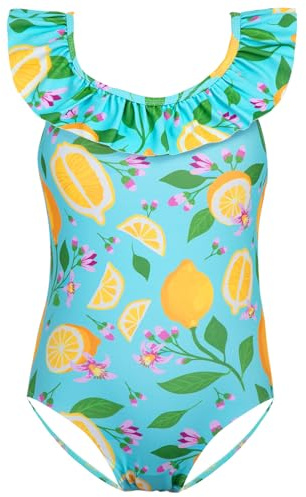 XiaoMoSha Girls Swimming Costume One Piece Swimsuit with Adjustable Straps Breathable Quick Dry Beach Swimwear, LemonGreen, 5-6 Years