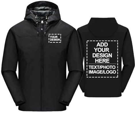 CLMETHE Giacca da uomo personalizzata per il lavoro e le attività all'aperto leggera impermeabile antivento giacca antipioggia softshell cappuccio personalizzabile con logo testo e immagini,black-x_l