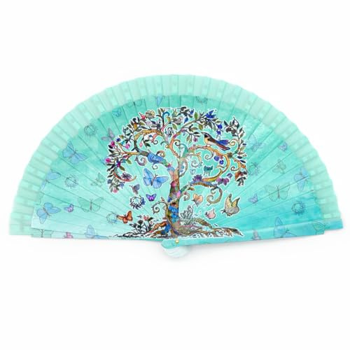 Genérico Éventail à main pliable, motif arbre de vie multicolore, tiges en plastique, 42 cm, léger et résistant, turquoise, défaut