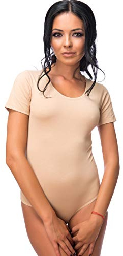 Evoni Dam body kortärmad l stringbody av bomull med rund hals l kortärmad body för kvinnor l tanga bodysuit l string body, Beige, L