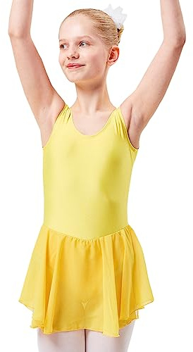 tanzmuster Kinder Ballettkleid Polly aus glänzendem Lycra mit breiten Trägern und Chiffon Röckchen in gelb, Größe:104/110