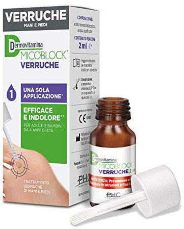 Dermovitamina Micoblock Verruche - Gel Verruche Rimozione Efficace e Indolore - Trattamento Mani e Piedi - Adulti e Bambini 4+ - Azione Rapida - Soluzione da 2 ml