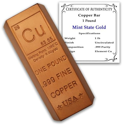 Briefbeschwerer aus Kupferbarren, 0,5 kg, 999 reines Chemieelement, mit Echtheitszertifikat Mint State Gold