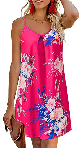 ULTRANICE Dam 2024 sommar casual strandklänningar täckande blommor v-hals spagettirem rygglös mini solklänning, Rosa ros vit blommig, M