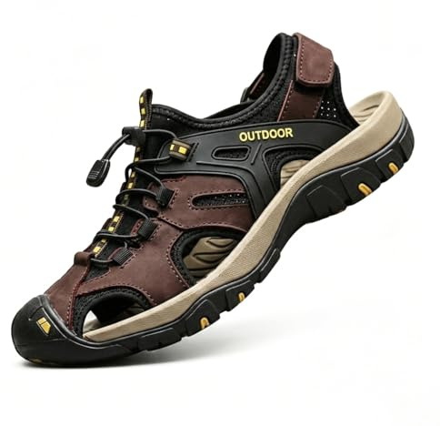 MGGMOKAY Sandales de Randonnée Homme Cuir Marche Fermées Été Extérieur Chaussures de Sport Plage Chaussures d'eau,Brun,42