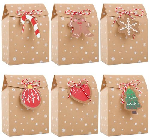 24 Stück Geschenkbox Klein Kraftpapier Geschenkschachtel Schneeflocken mit 24 pcs Anhänger Juteschnur für Adventskalender Weihnachten Geschenk Weihnachtsdeko Party Mitgebsel