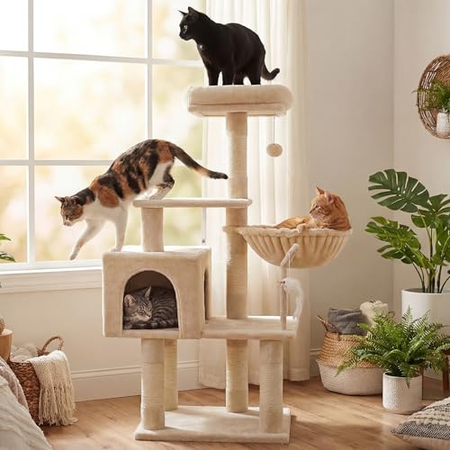 Hey-brother Kratzbaum, 111 cm Katzenbaum mit Spielzeug, Katzenkratzbaum mit Plattform, Hängematte und Sisal-Kratzstämmen, Beige EMPJ004SM-N