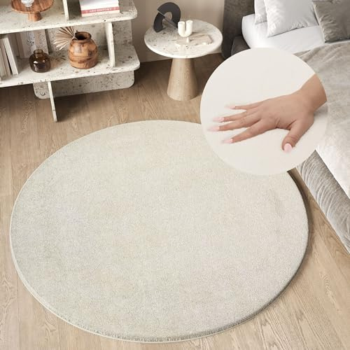 TAPISO Cuddle Teppich Rund Hochflor Creme Langflor Shaggy Einfarbig rutschfest Weich Waschbar Wohnzimmer Schlafzimmer Kinderzimmer ÖKOTEX 100 x 100 cm