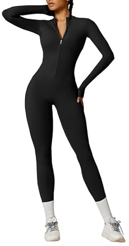 Litthing Femme Combinaison de Sport, Sexy Tirette Long Moulante Vetement Bodysuit Manches Longues Body Yoga Élastique Skinny d'entraînement Bodycon Une Pièce