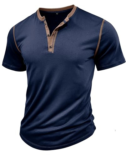 MakingDa Dark Blue Mens Henley Shirts Vintage Short Sleeve Muscle Gym Summer Button Plain Golf Grandad Shirt Casual Classic Breathable Lightweight Regular-Fit Work Casual Smart Tops XL