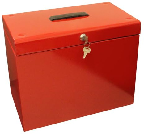 mysmartbuy.com Metal Lockable File Box with 5 Suspension Files & Fold Down Handle - Strong Durable A4 Filing Cabinet, Store & Organise Paperwork & Important Documents - Red, H30 x W37 x D22cm