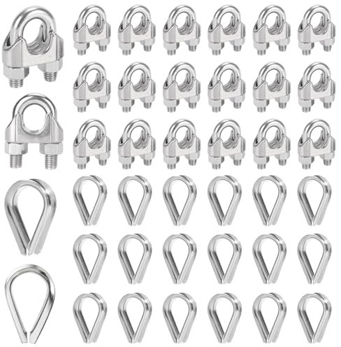 Idota 20 Piezas Abrazaderas para Cable Acero M4 e 20 Piezas Guardacabos de Acero, Clips de Cuerda de Cable Adecuado para Alambre de Ø 4 mm