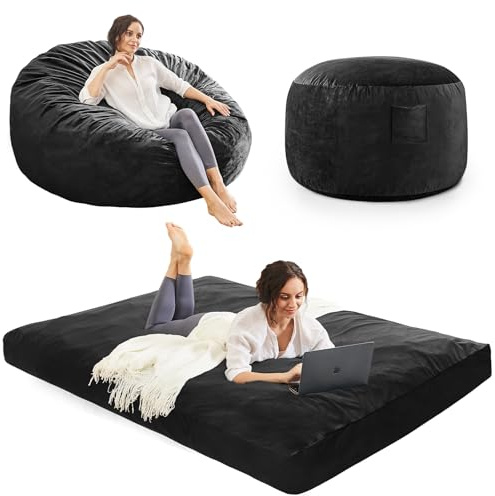 Bean Bag Chairs for Teens - Bean Bag Chair Convertible Bean Bag Bed - Small Beanbag Chair with Micro Fiber Cover/Furniture Foam Filler - Bean Bag Couch Sofa in Bedroom Dorm Room - Youth Carbon Black