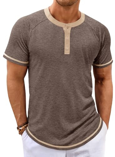Makkrom Mens Henley Shirts Short Sleeve Casual Summer Basic T Shirts Button Vintage Lightweight Tee Tops Coffee
