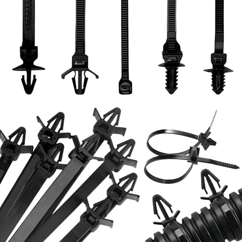 GOEDCH Ensemble de Clips de Faisceau de Câblage Voiture: 160 Pièces Attaches de Retenue pour Faisceau de Câbles, 5 Attaches Zippées à Montage Par Poussée de Tailles Différentes en Nylon Noir