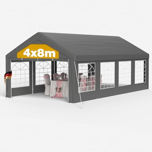 Cenador de 4 x 8 m, resistente al agua y estable, carpa de jardín con ventanas, pesada carpa para fiestas, bodas, fiestas, fiestas en casa, resistente al viento, para invierno, color gris