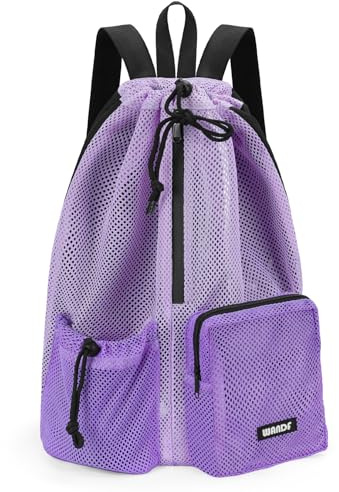WANDF Swim Bag Mesh Drawstring Backpack with Wet Pocket Beach Bag for Swimming Pool Gym Workout Men and Women(Purple)