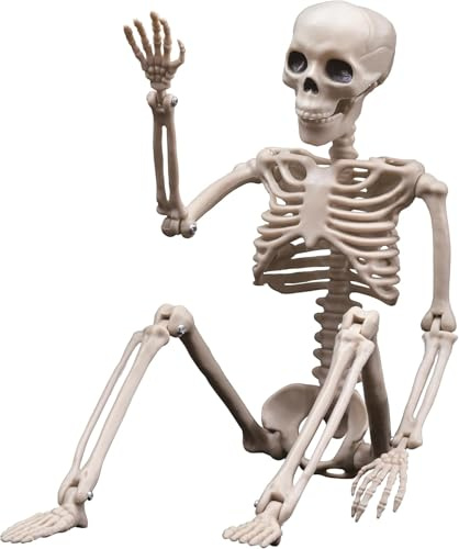 HUIYELOVE 16 Poseable Halloween Skeleton Decor Realistic Bone Textured Plastic with Skull Hook, Hanging Decor for Spooky House & Graveyard Scenes