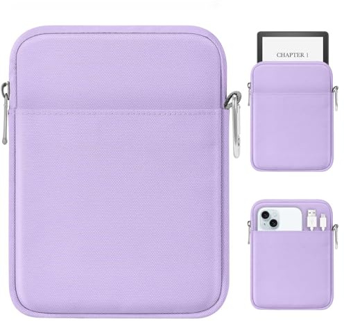MoKo 6-7 inch Ereader Padded Sleeve Tablet Bag Protective Cover Pouch with a Carabiner, e-Reader Book Pouch Carrying Case for Kobo E-Reader, Lilac