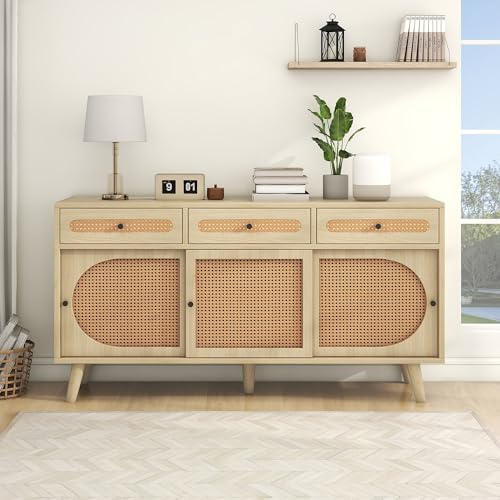 Merax Commode en rotin avec 3 portes coulissantes en rotin et tiroirs, buffet de cuisine en bois avec plateaux réglables, chêne/140x40x78cm