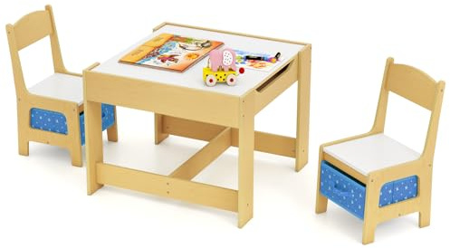 COSTWAY Kids Table Chair Set, Double Side Tabletop Table and 2Pcs Chairs with Storage Box, Activity Desk Nursery Wooden Multifunction Furniture (Natural+Blue)