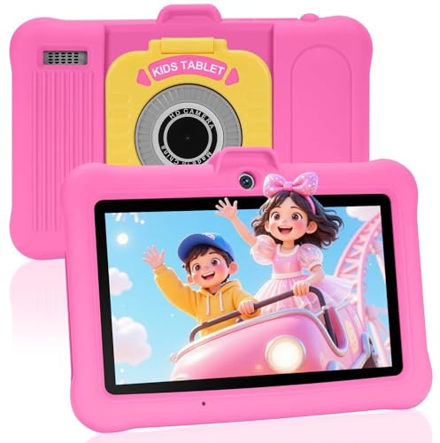 TABTIVI Tablette Enfants 7 Pouces Android, RAM 8 (3+5) Go, ROM 64 Go (TF 128 Go), GMS Certified, Apps Pré-Installé, Éducative, Contrôle Parental, WiFi, Kid-Proof Étui avec Support réglable (Rose)