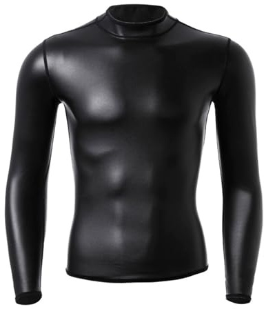 PVC T-Shirts Leather Long Sleeve T-Shirts, Round Neck Muscle Tight Tee Shirts Clubwear, Leather Long Sleeve Wetlook Tops,Men's Shiny Metallic Top, Slim Fit Dance T-Shirt for Night Club Music Disco