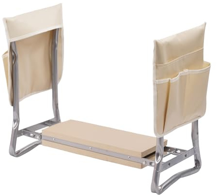 Relaxdays Panca da Giardinaggio 2-in-1, Pieghevole, Imbottita, con Tasche e Ginocchiera, 50x60x27.5 cm, Beige