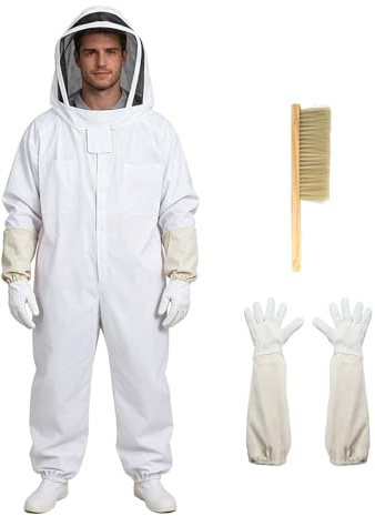 Traje de apicultor con velo, guantes y cepillo, traje de protección de cuerpo completo de apicultor, unisex, color blanco, de algodón, para apicultores profesionales y principiantes