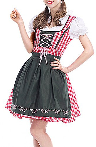 BOZEVON Femme Robe Set de Dirndl Chemisier Sexy Robe à Carreaux Manches Courtes Bavarois Oktoberfest Tablier Serveuse Wench Festival Costume