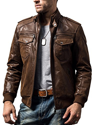 FLAVOR Veste de moto en cuir marron rétro pour homme Veste en cuir véritable (M, Marron)