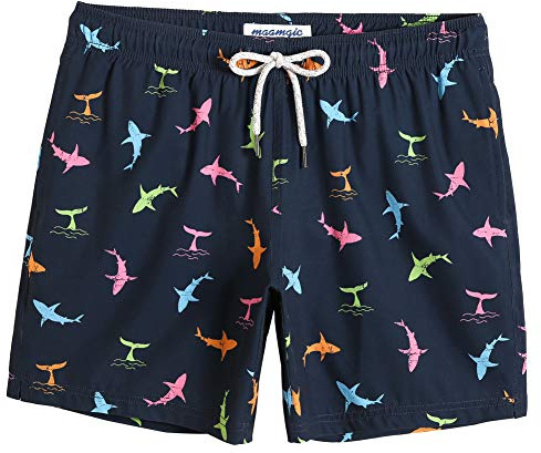 maamgic Mens Swimming Shorts Quick Dry 4 Way Stretch Swim Trunks Mesh Lining Swimwear Bathing Suits,Colorful Dolphin Black,L