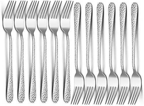 HaWare Lot de 12 fourchettes de table en acier inoxydable, poignées martelées, grandes et élégantes pour la maison, fête ou restaurant, polies brillamment et bords lisses