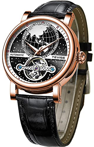 FORSINING Herr Tourbillon klocka mekaniska självuppdragande klockor lyxig stjärnjord design läderband blå svart lysande stor urtavla automatisk armbandsur, rosa guld svart, mekanisk, självuppdragande,