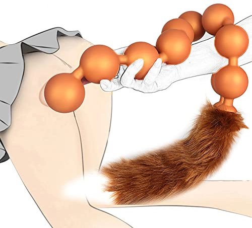 Fewarq Silikon Analperle anal Kugel mit Fuchs schwanz,Anus ball Analplugs Buttplugs Paaren Cosplay SM Anal Vaginal Analkugeln Analdildos Erotisches Sexspielzeug für Männer Frauen Paare(Gold-S)