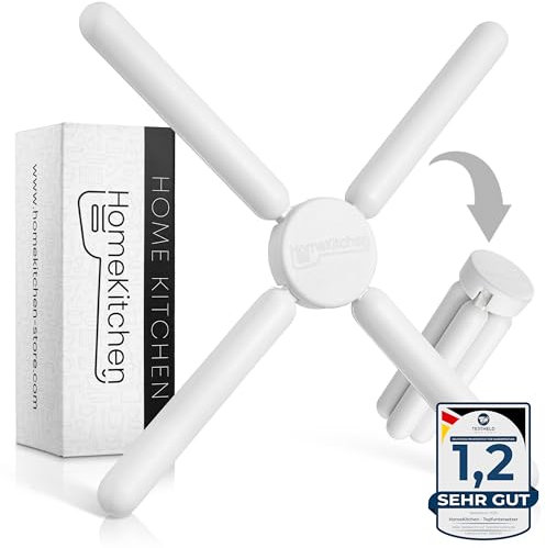 HomeKitchen® Topfuntersetzer hitzebeständig aus Silikon, Faltbarer Untersetzer für Töpfe und Pfannen, Silikon Untersetzer Topf klappbar in Weiß + Leckere Gratis Rezepte