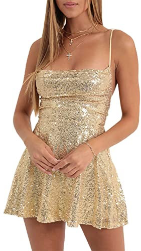 Glitzerndes Spaghettiträgerkleid für Damen, glänzende Pailletten, figurbetontes Minikleid, rückenfrei, A-Linie, Partykleid, Cocktailkleid, Streetwear, A-Gold, S
