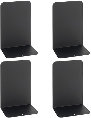 4Pcs Black Decorative Metal Bookends - Heavy Duty Book Ends with Non-Slip Rubber Pad, Book Divider Stopper Organiser for Home, Office, Library, School