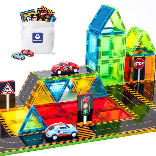 hahaland Magnetische Bausteine 62 PCS Teiliges Straßenaufsatz-Set, Magnet Bausteine mit 2 Auto,Spielzeug ab 3 Jahre Kinder, Magnetbausteine Geschenke für ab 3 4 5 6 7 Jahre Junge Mädchen