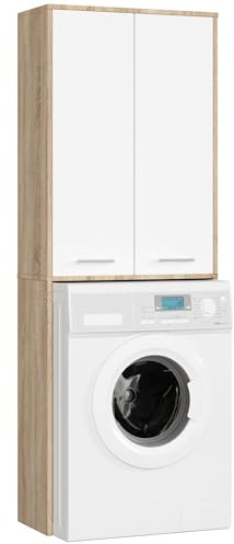 AKORD Waschmaschinenschränke FIN 180 | B64 x H180 x T30 cm | Umbauschrank mit Ablagefach 2 Türen und 4 Einlegeböden | Trockner Schrank Waschmaschienenüberschrank |