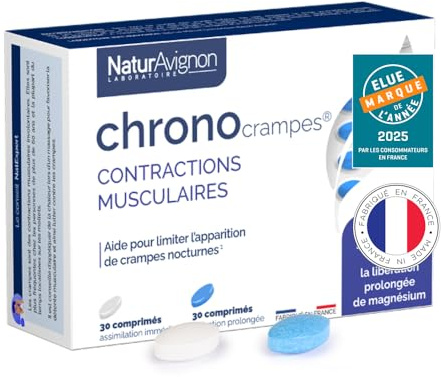NaturAvignon Chronocrampes Comprimés | Décontractant musculaire, crampes nocturnes | Magnesium Bisglycinate & Magnesium Marin | 12h de repos sans crampes | Fabriqué en France | 60comprimés (30jours)