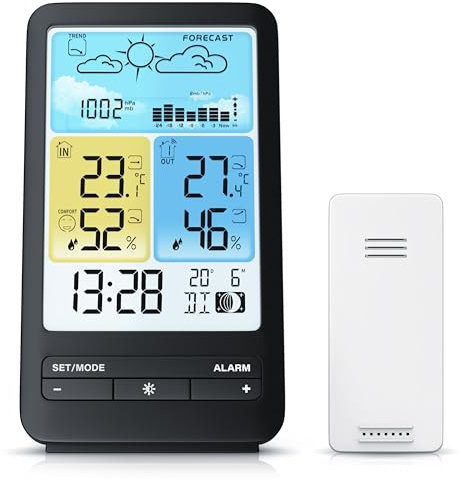 CSL - Funk Wetterstation Außensensor - Farbdisplay - Funkuhr - DCF Signal - DST - Innen und Außentemperatur - Temperaturwarnung Alarm Frostalarm - Luftdruck - Barometer - Temperaturtrend
