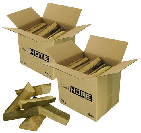 Well Home - Set de 2 Caja de Leña 30Kg (2 x 15Kg) de Madera de Haya seca para Chimeneas y Barbacoas / Palos de 30-50cm de longitud