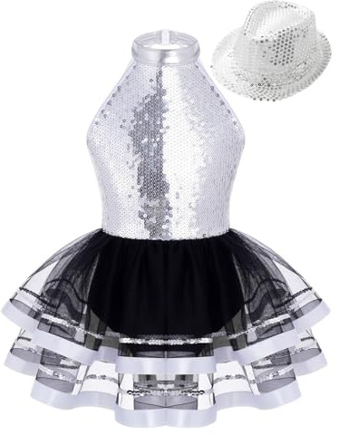 inhzoy Vestito da Pattinaggio Artistico Bambina con Cappello di Paillettes Abito tutù Danza Ballerina Body Danza Classica Ginnastica Ritmica Costume da Ballo Latino Americano Argento 11-12 Anni