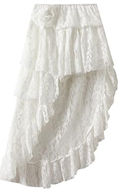 Caziffer Women's Summer Lace Skirt High Waist Asymmetric Ruffled Hem Skirt Elegant A-Line Midi Skirts (White, ONE Size)