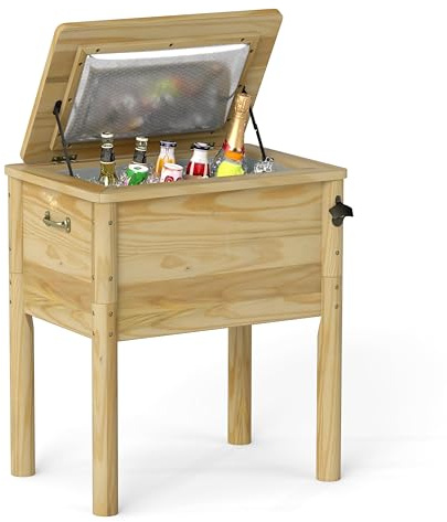 COSTWAY Glacière de Terrasse en Bois, Glacière d'Extérieur 51 L avec 3 Poignées et Décapsuleur, Seau à Glace avec Bouchon de Vidange pour Jardin Terrasse Bord de Piscine Fêtes Barbecue
