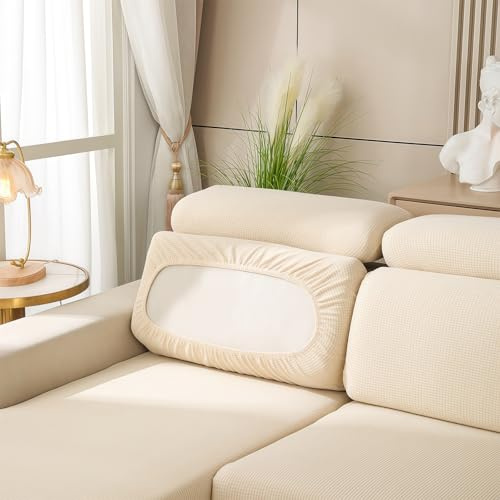 AMFUN Bezüge Für Wohnwagenpolster, Sofa Sitzkissenbezug Mit 2 Cord, Stretch Sitzkissenbezug, Sofabezug L Form, Sofa Überzug, rutschfest und Weich(Beige, W 45-65 cm, D 45-65 cm)