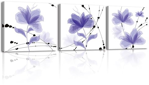 PIY PAINTING Set Di 3 Minimalista Quadro Su Tela Stampa Fiori Viola Flores Quadretti Da Parete Stampe d'Arte Stampa Artistica Intelaiata Quadro Soggiorno Camera Da Letto Cucina Ufficio 30x30 cm