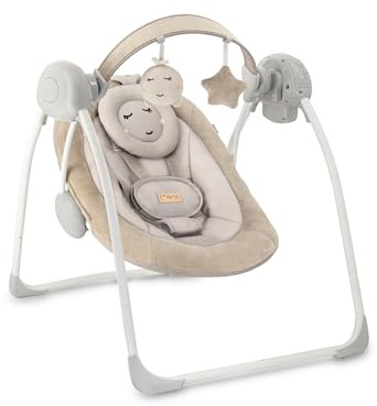 MoMi Babywippe LISS für Babys bis 9 kg, faltbar, Batterie- oder Netzbetrieb, Netzteil mit USB-Kabel, 5-Punkt-Sicherheitsgurt, Bügel und Spielzeug, 6 Melodien, Timer, 5 Schaukelgeschwindigkeit