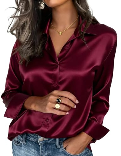 Lovraj Blusa in raso da donna, elegante, a maniche lunghe, tinta unita, con bottoni, in seta, moderna, risvolto, Vino, S
